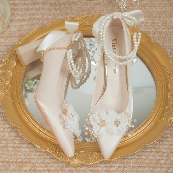 Flowers and Pearls Ankle Strap Wedding Shoes 