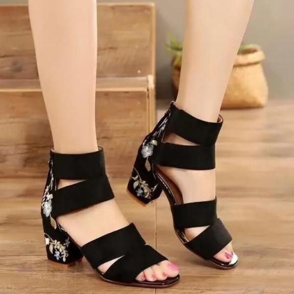 Floral Embroidery Black High Heels Women's Sandals 