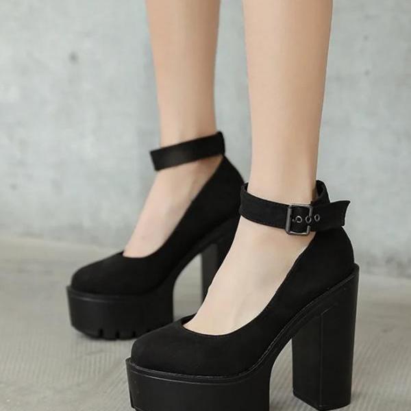 Black Ankle Strap High Heels Shoes