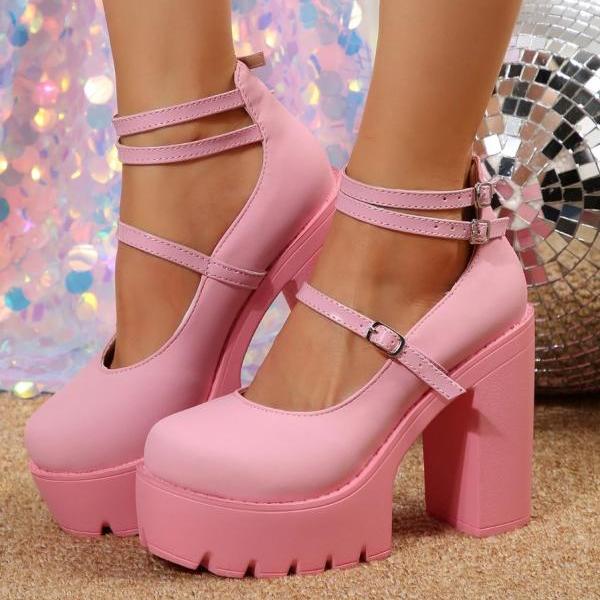 Pink and Black Chunky Heeled Ankle Strap Pumps