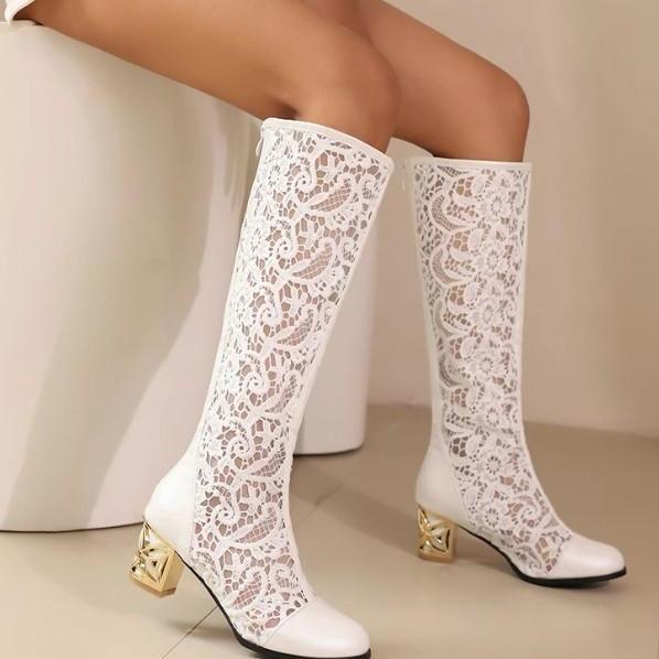Beautiful Lace Mesh High Heels Boots in Black and White