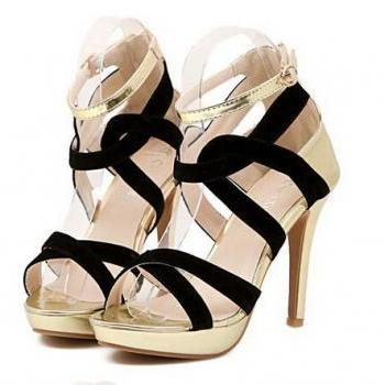 Elegant Black And Gold Peep Toe Fashion High Heel Sandals on Luulla