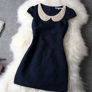 Adorable Doll Collar Pearl Rivet Dress in Deep Blue