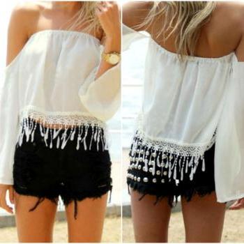 Gorgeous Lace and Chiffon Tassel Design Off Shoulder White Top