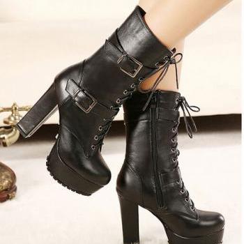 Stylish Black Punk Rock Style Chunky Heel Boots on Luulla