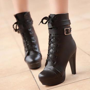 Spring Autumn Round Toe Lace Up Chunky High Heels Black Leather Short ...