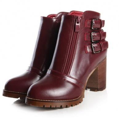 Classy Wine Red Chunky Heel Ankle Boots on Luulla