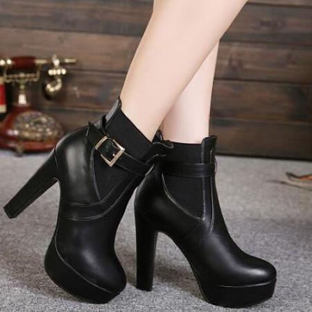 Pure Black High Heel Boots With Removable Buckle Design on Luulla