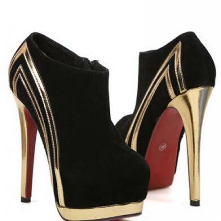 black bootie with gold heel