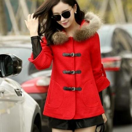 Stylish Red Faux Fur Collar Winter Coat on Luulla