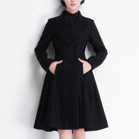 Classy Black V Neck Mid Length Winter Coat on Luulla