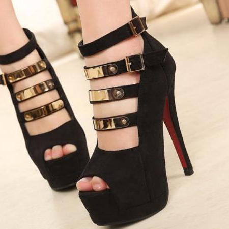 Strappy Black Peep Toe High Heels Fashion Shoes on Luulla