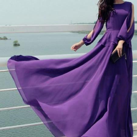 Deep Purple Long Sleeve Chiffon Dress on Luulla