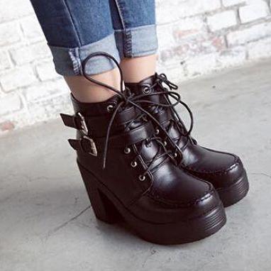 black lace up chunky heel booties