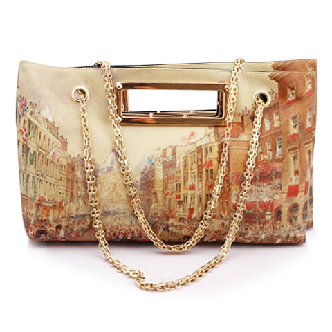 red handbag with gold chain