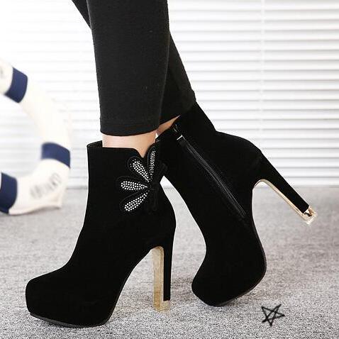 Sexy Black Rhinestone Embellished High Heel Boots on Luulla