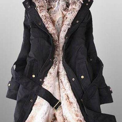 Black Faux Fur Lined Warm Winter Coat on Luulla