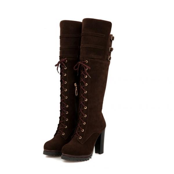 Winter Lace-up High Heel Over The Knee Brown Martens Boots on Luulla