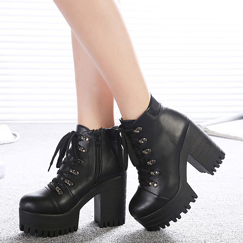 Winter Fashion Lace-up Platform Chunky Heel Black Boots on Luulla