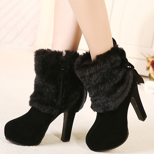 Black Faux Fur Design High Heels Winter Boots With Bow on Luulla