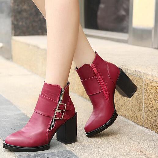 Buckle Design Wine Red Chunky Heel Boots on Luulla