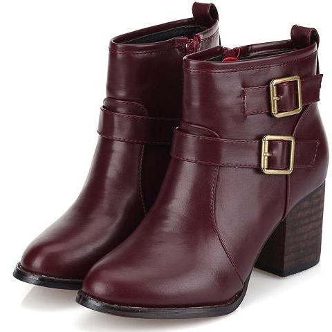 Pointed Toe Side Zipper Design Chunky Heel Boots In Wine Red on Luulla