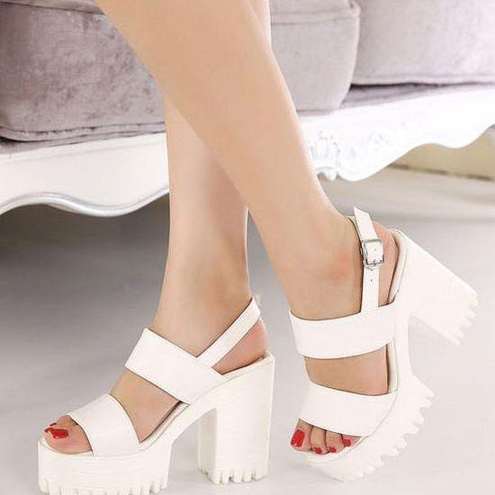 White Double Strap Chunky Heel Sandals on Luulla