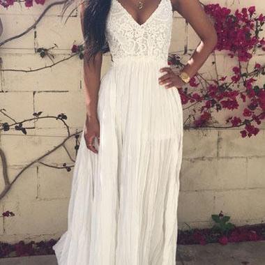 Solid White V Neck Lace And Chiffon Maxi Dress on Luulla