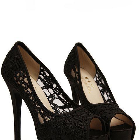 Black Lace Design Peep Toe High heels Shoes
