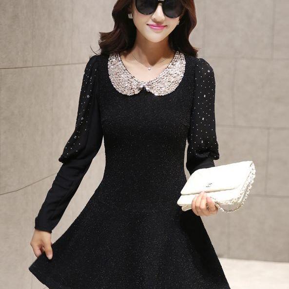 Gorgeous Black Doll Collar Long Sleeve Dress on Luulla