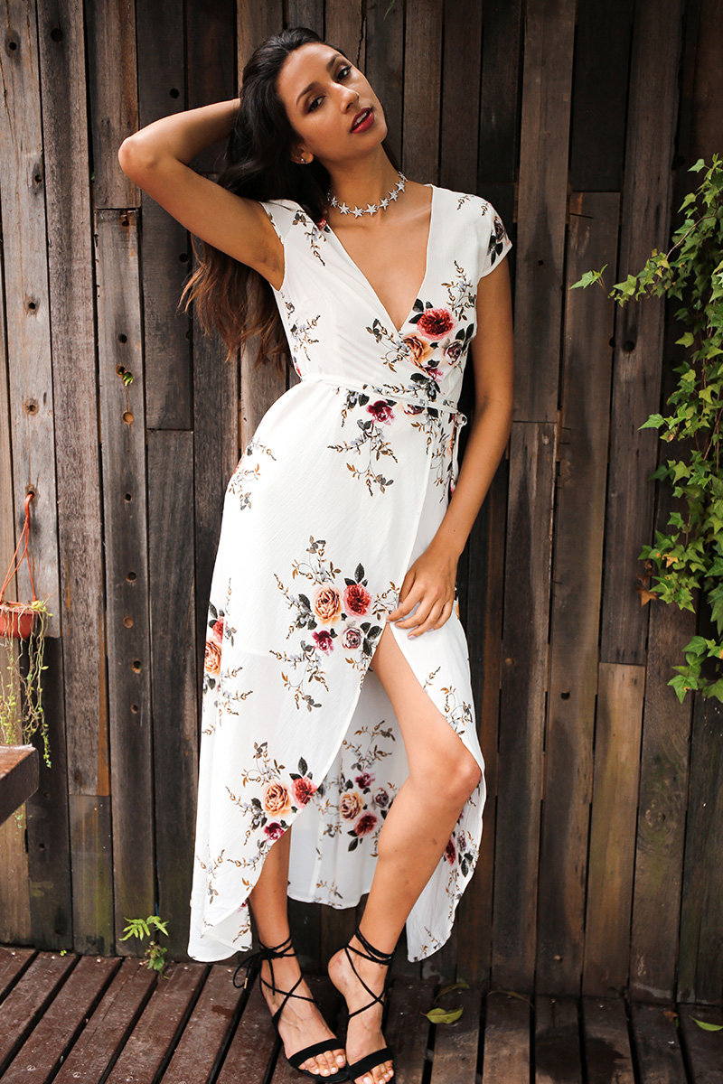 White Floral Print Plunge V Short Sleeved Wrap Maxi Dress Featuring ...