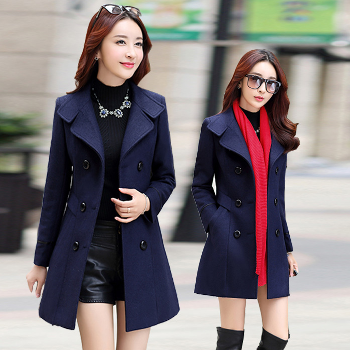 Navy Blue Double Breasted Warm Winter Coat on Luulla