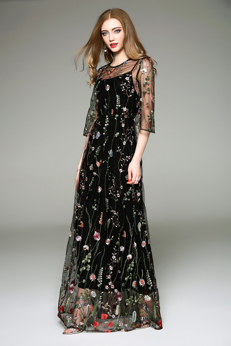 Elegant Black Flower Embroidered Dress on Luulla