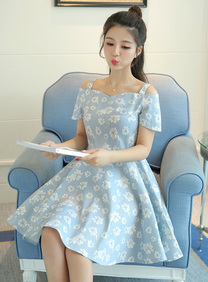 Cute Blue Floral Print Off Shoulder Dress on Luulla