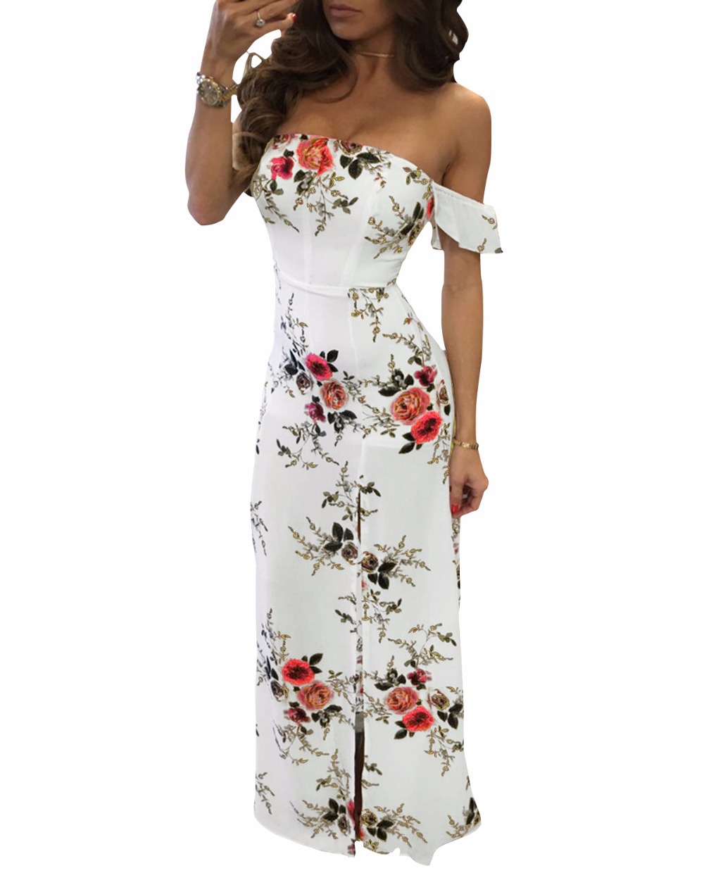Sexy Boho Off Shoulder Floral Print Maxi Dress With Slit on Luulla