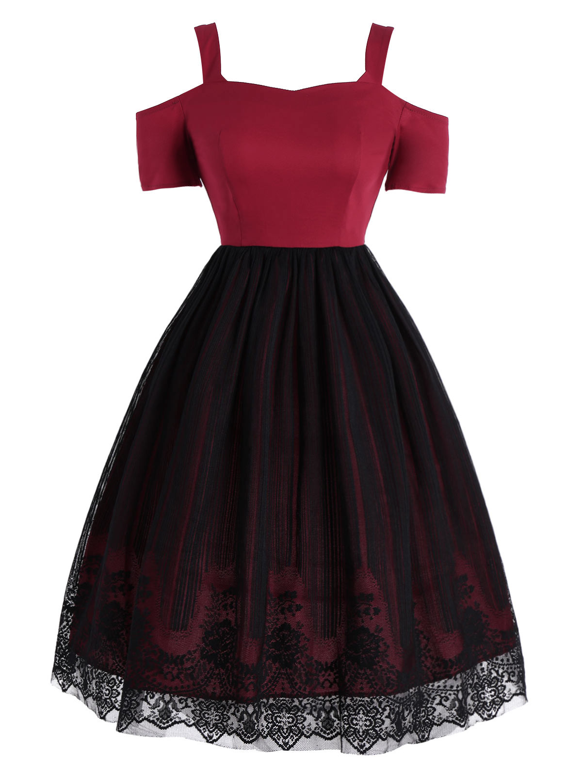 Off Shoulder Lace Mesh Party Dress In Red And Black on Luulla