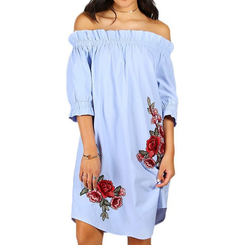 Flower Embroidery Off Shoulder Summer Dress on Luulla