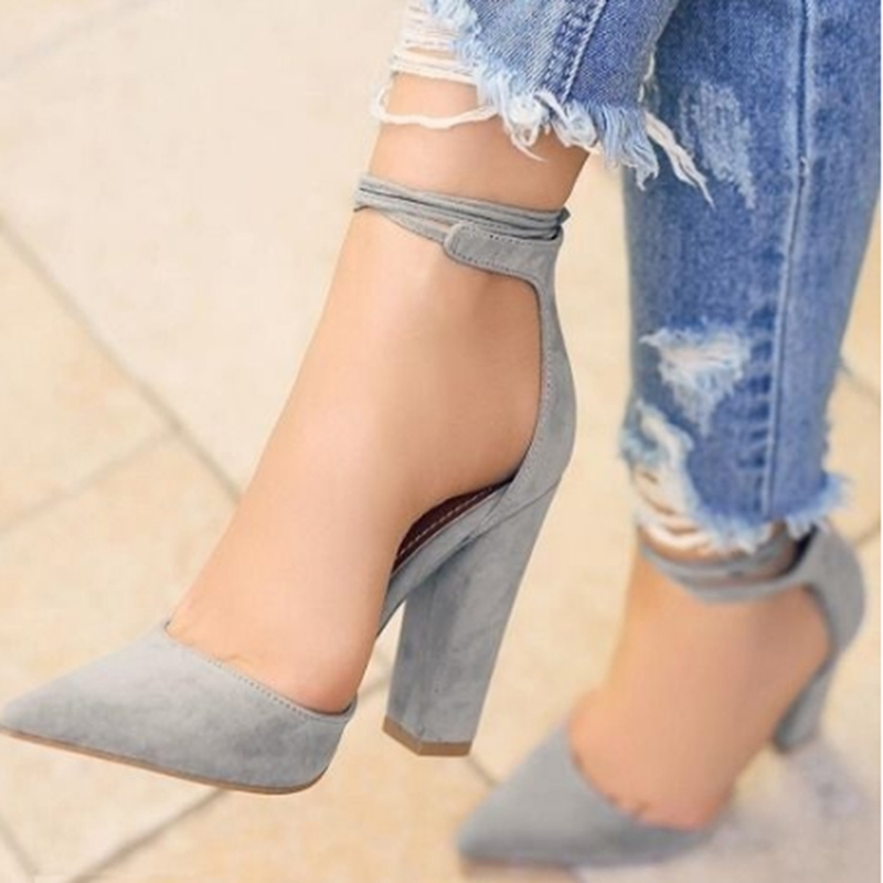 Faux Suede Pointed-Toe Ankle Strap Chunky Heels on Luulla