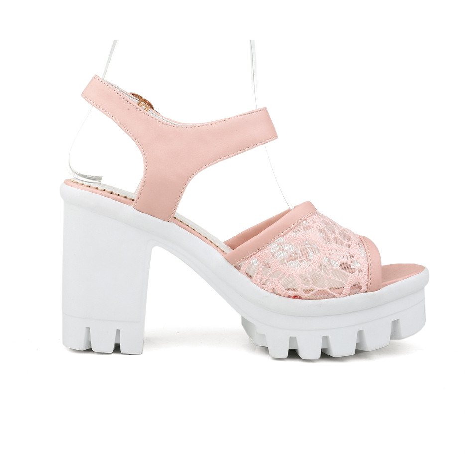 Pink Peep Toe Chunky Heels Sandals With Beautiful Lace Detail on Luulla