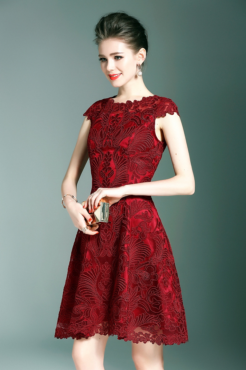 Red Embroidery Lace Party Dress on Luulla