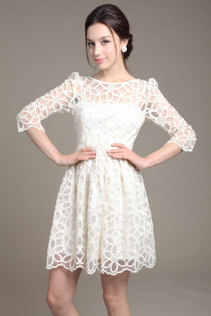 Elegant White Long Sleeve Lace Party Dress on Luulla