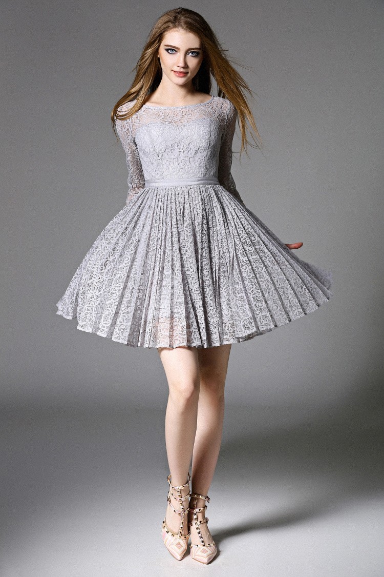 Elegant Long Sleeve Pleated Lace Party Dress on Luulla