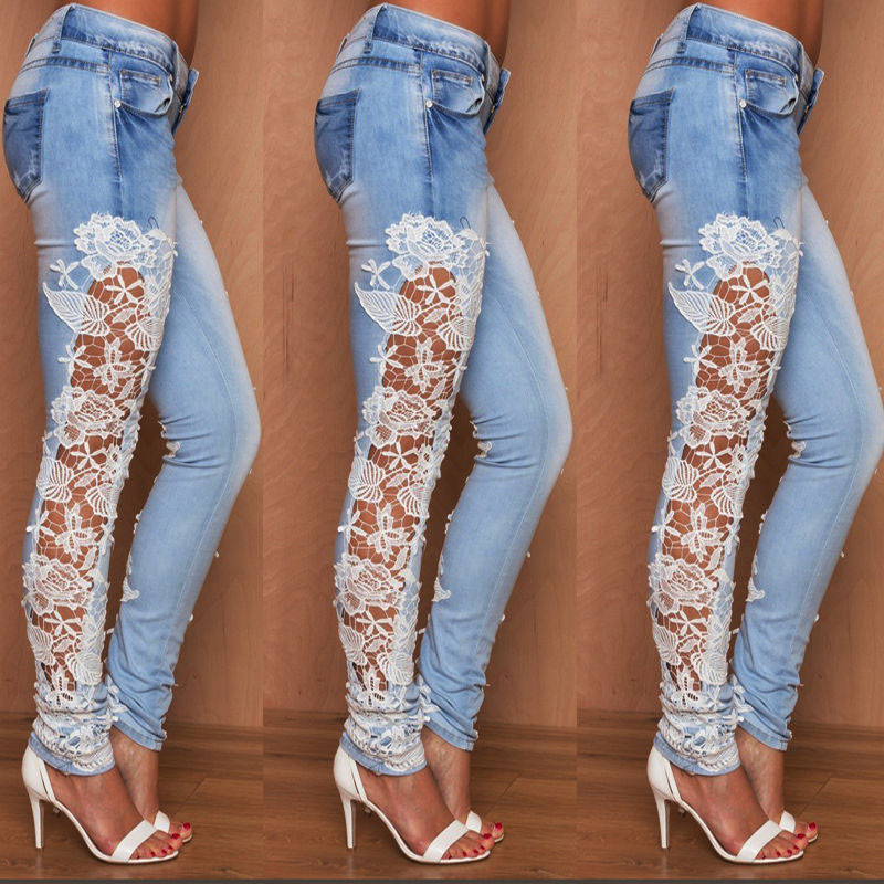 Sexy Denim Pants With Lace Detail on Luulla