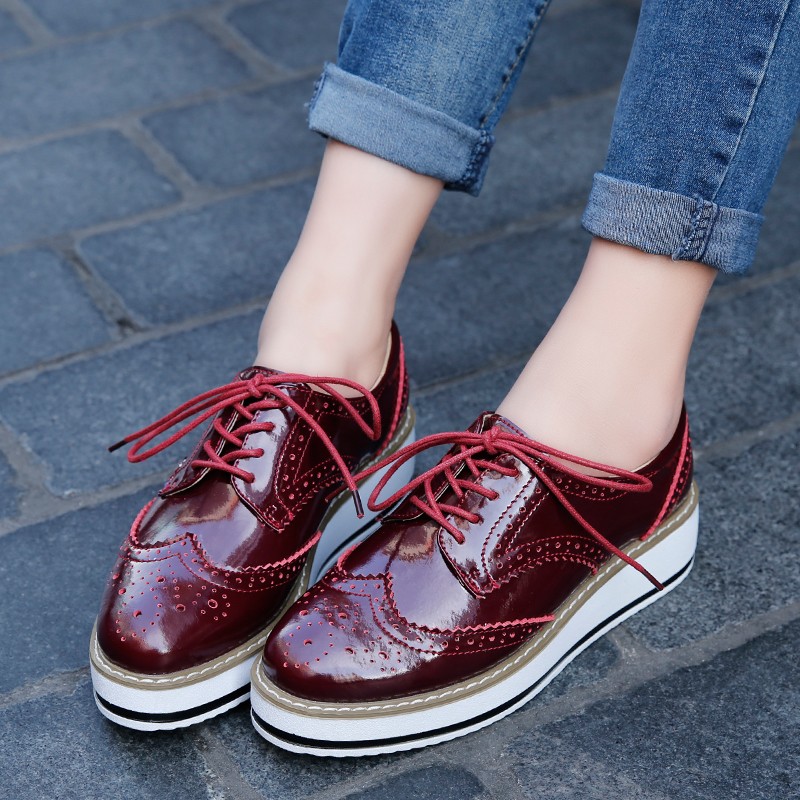 Stylish Wine Red Platform Lace Up Oxford Shoes on Luulla