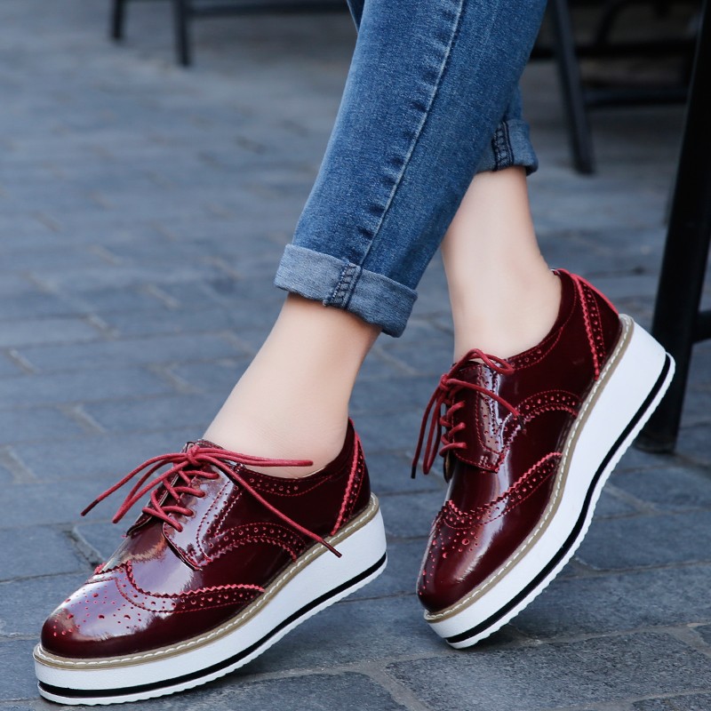 Stylish Wine Red Platform Lace Up Oxford Shoes on Luulla