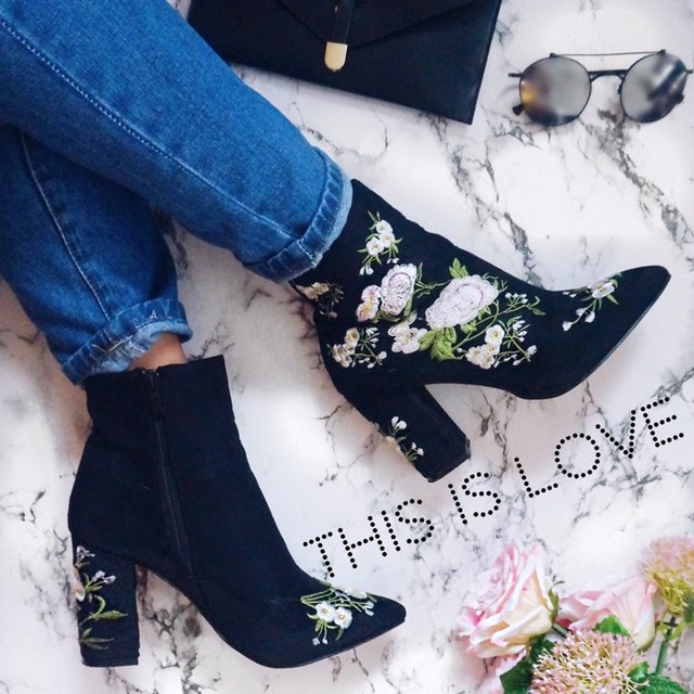 Floral Embroidered Black Suede Pointed Toe Ankle Boots on Luulla
