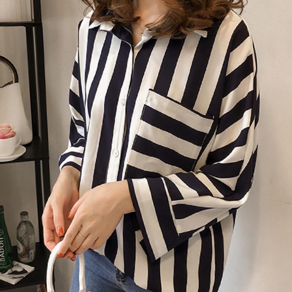 Classy Long Sleeve Stripe Blouse With Belt on Luulla