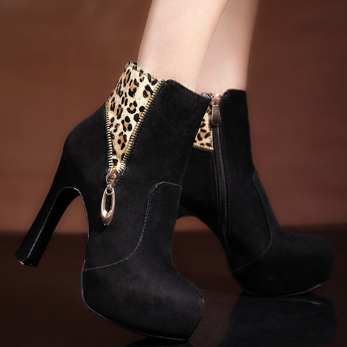 Black With Leopard Print Chunky Heel Ankle Boots On Luulla 3124