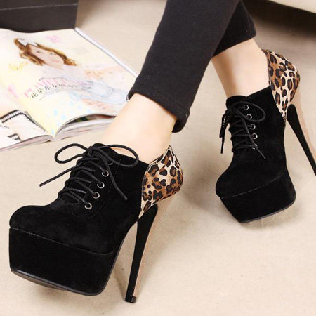 black ankle boots with animal print heel