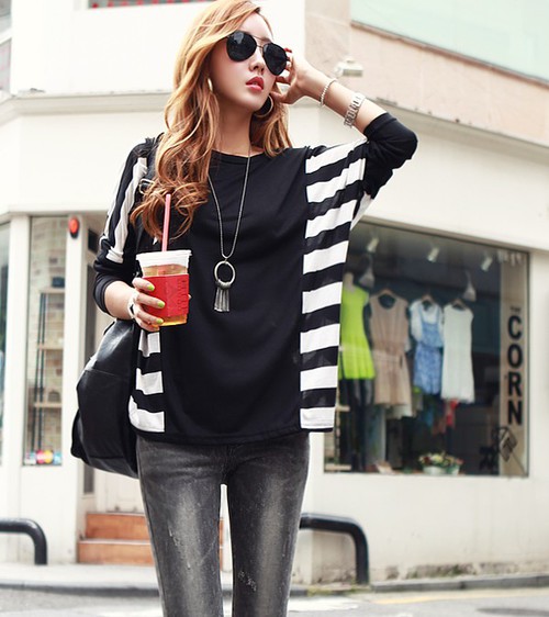 Loose Bat Wing Long Sleeve Stripes Top on Luulla
